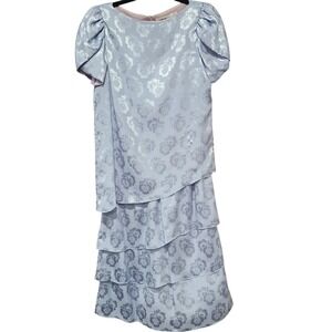 Lizzy & Johnny Light Blue Floral Jacquard Tiered Midi Dress Size 8 Short Sleeve